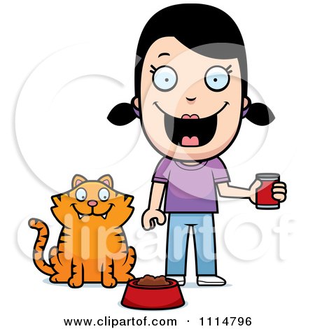 Clipart Happy Girl Feeding Her Cat - Royalty Free Vector Illustration by Cory Thoman