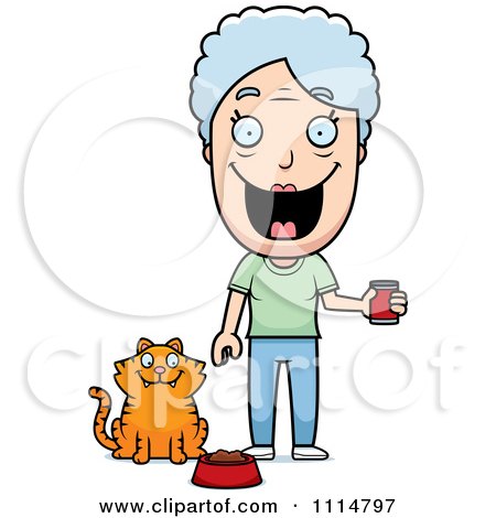 Clipart Happy Senior Woman Feeding Her Cat - Royalty Free Vector Illustration by Cory Thoman