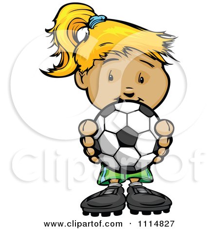 Clipart Cute Blond Athletic Girl Holding A Soccer Ball - Royalty Free Vector Illustration by Chromaco