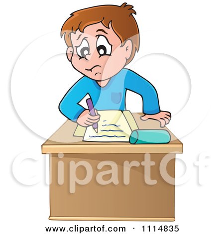 Clipart Stressed School Boy Writing At His Desk - Royalty Free Vector Illustration by visekart