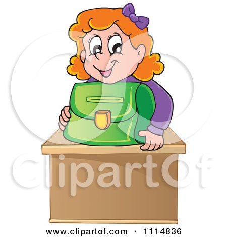 Clipart Red Haired School Girl Smiling Over A Green Bag On Her Desk - Royalty Free Vector Illustration by visekart