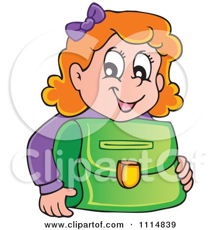 Clipart Red Haired School Girl Smiling Over A Green Bag - Royalty Free Vector Illustration by visekart