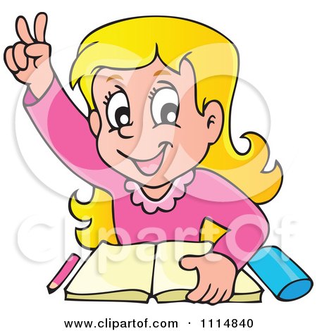 Clipart Blond School Girl Raising Her Hand Over A Book - Royalty Free Vector Illustration by visekart