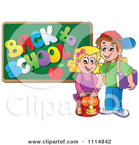 Clipart Two Happy Kids By A Back To School Chalkboard - Royalty Free Vector Illustration by visekart