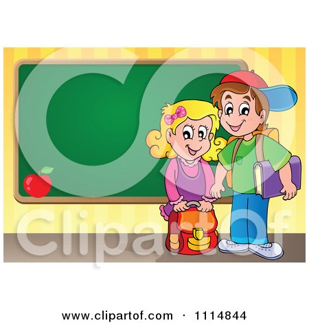 Clipart Two Happy Kids Standing By A School Chalkboard - Royalty Free Vector Illustration by visekart