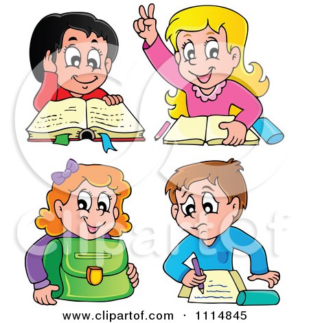 Clipart School Children Reading And Doing Homework - Royalty Free Vector Illustration by visekart