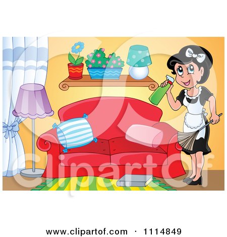 Clipart Blond Maid Cleaning A Living Room - Royalty Free Vector Illustration by visekart