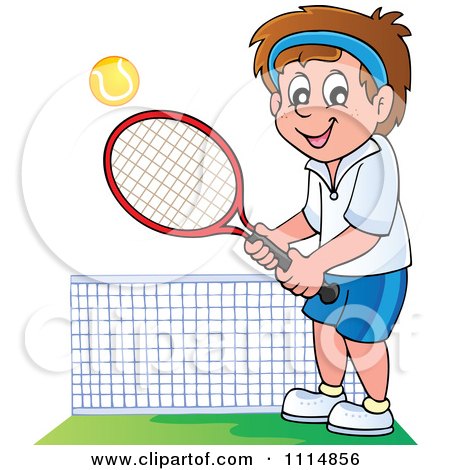 Clipart Happy Man Playing Tennis - Royalty Free Vector Illustration by visekart