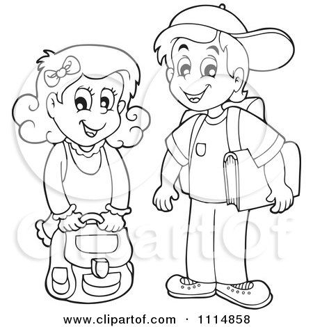 Clipart Outlined School Girl And Boy Smiling - Royalty Free Vector Illustration by visekart