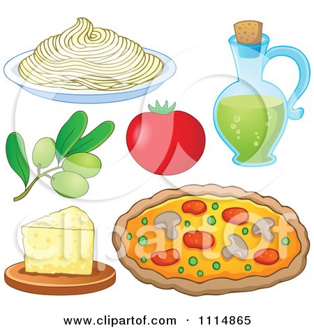 Clipart Italian Food Spaghetti Noodles Olives Tomato Oil Cheese And Pizza - Royalty Free Vector Illustration by visekart