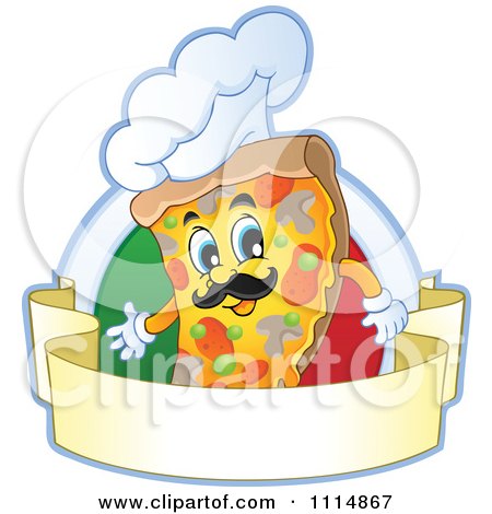Clipart Chef Pizza Slice With A Hat Over An Italian Flag Circle With A Banner - Royalty Free Vector Illustration by visekart