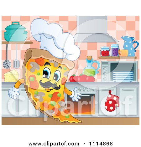 Clipart Italian Chef Pizza Slice In A Kitchen - Royalty Free Vector Illustration by visekart