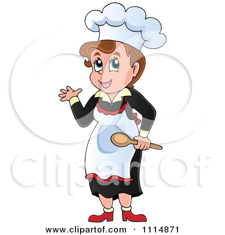 Clipart Female Chef Presenting And Holding A Spoon - Royalty Free Vector Illustration by visekart