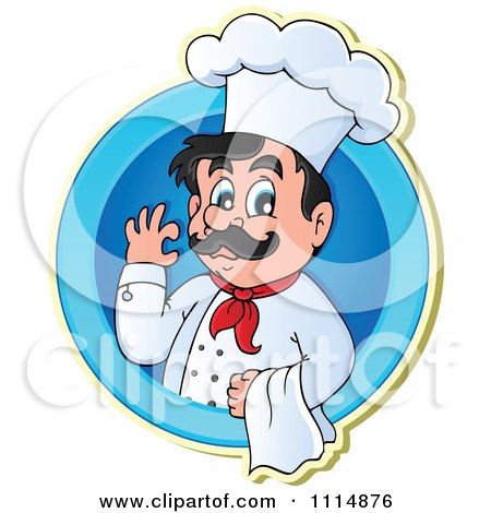 Clipart Happy Male Chef Gesturing Ok And Holding A Towl In A Blue Circle - Royalty Free Vector Illustration by visekart
