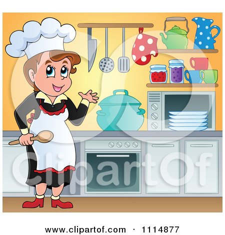 Clipart Female Chef Cooking In A Professional Kitchen - Royalty Free Vector Illustration by visekart