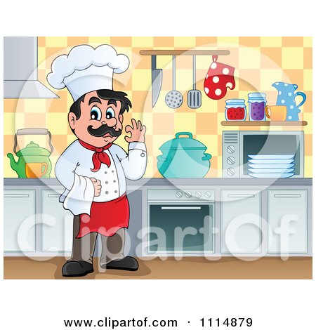 Clipart Happy Male Chef Gesturing Ok In A Kitchen - Royalty Free Vector Illustration by visekart