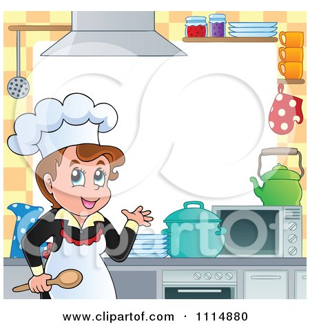 Clipart Frame Of A Female Chef Cooking In A Professional Kitchen With Copyspace - Royalty Free Vector Illustration by visekart