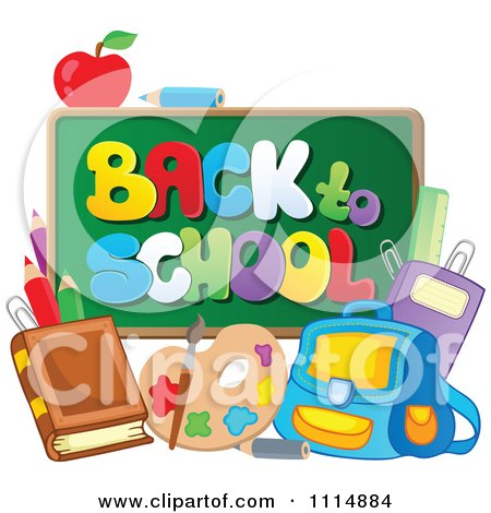 Clipart Back To School Chalkboard With Supplies - Royalty Free Vector Illustration by visekart