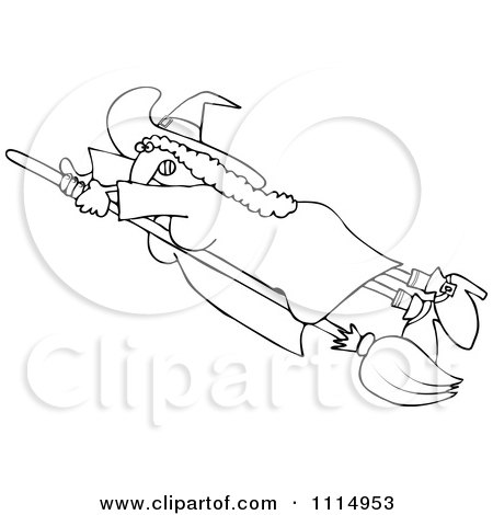 Clipart Outlined Flying Witch Holding Onto Her Fast Broom - Royalty Free Vector Illustration by djart