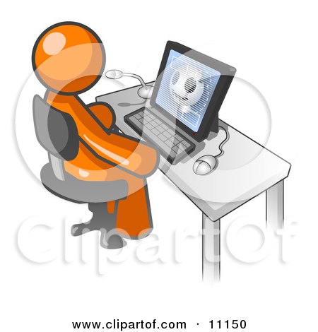 Orange Doctor Man Sitting at a Computer and Viewing an Xray of a Head Clipart Illustration by Leo Blanchette