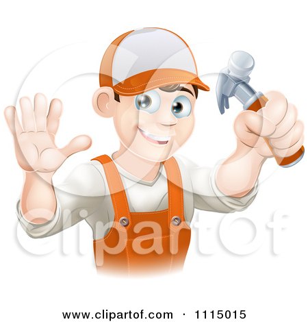 Clipart Happy Handy Man Holding A Hammer And Waving - Royalty Free Vector Illustration by AtStockIllustration