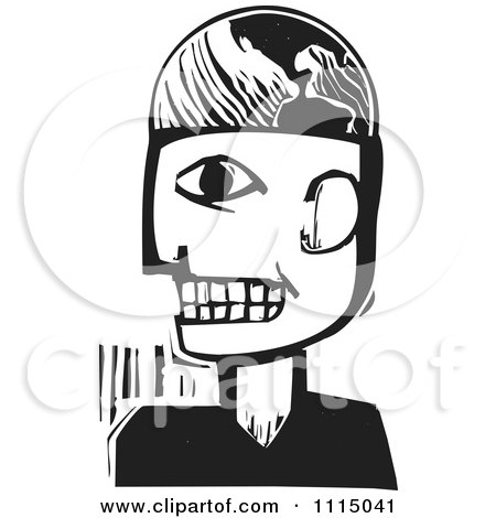 Clipart Globe Headed Man Black And White Woodcut - Royalty Free Vector Illustration by xunantunich