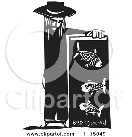 Clipart Person Leaning On A Fish Tank Black And White Woodcut - Royalty Free Vector Illustration by xunantunich