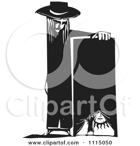 Clipart Person Leaning On A Stage With A Girl Opening A Curtain Black And White Woodcut - Royalty Free Vector Illustration by xunantunich