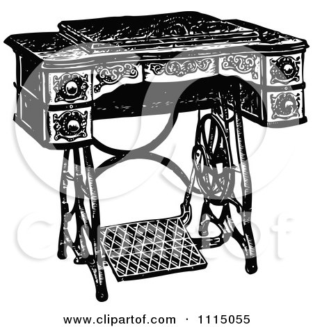 Clipart Vintage Black And White Antique Foot Crank Sewing Machine Table - Royalty Free Vector Illustration by Prawny Vintage