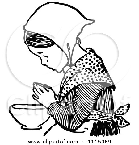 Clipart Vintage Black And White Girl Praying Before Eating 4 - Royalty Free Vector Illustration by Prawny Vintage