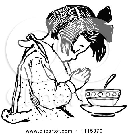 Clipart Vintage Black And White Girl Praying Before Eating 1 - Royalty Free Vector Illustration by Prawny Vintage