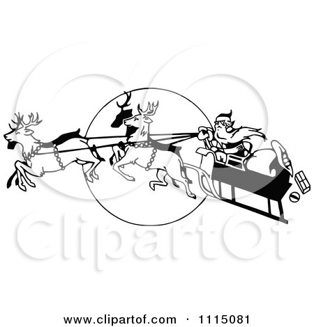Clipart Vintage Black And White  Flying Reindeer Leading Santas Sleigh Over A Full Moon - Royalty Free Vector Illustration by Prawny Vintage