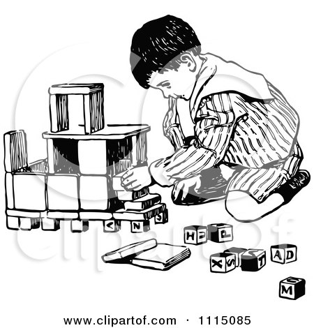 Clipart Vintage Black And White Boy Playing With Building Blocks - Royalty Free Vector Illustration by Prawny Vintage