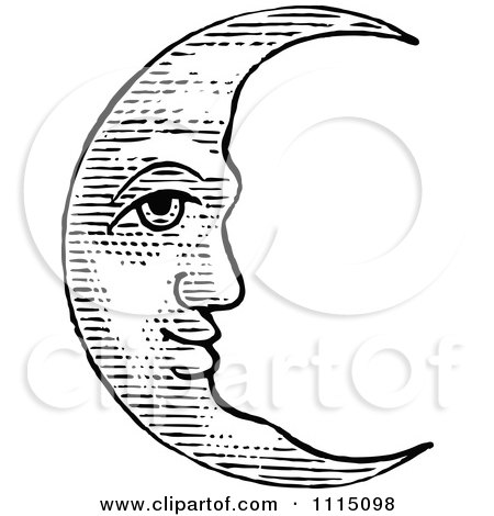 Clipart Vintage Black And White Crescent Moon Face - Royalty Free Vector Illustration by Prawny Vintage