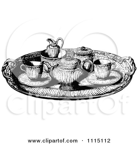 Clipart Vintage Black And White Tea Service Tray - Royalty Free Vector Illustration by Prawny Vintage