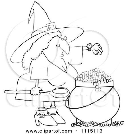 Clipart Outlined Witch Checking Her Watch While Making A Spell In Her Cauldron - Royalty Free Vector Illustration by djart