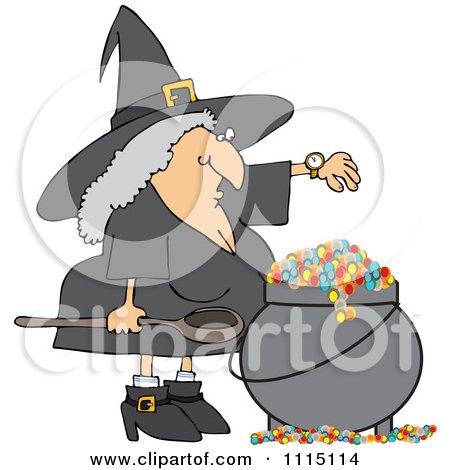 Clipart Witch Checking Her Watch While Making A Spell In Her Cauldron - Royalty Free Vector Illustration by djart