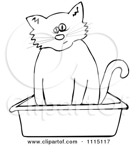Clipart Outlined Cat Using A Kitty Litter Box - Royalty Free Vector Illustration by djart