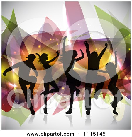 Clipart Silhouetted Dancers Grooving Over Abstract Shapes And Sparkles - Royalty Free Vector Illustration by KJ Pargeter