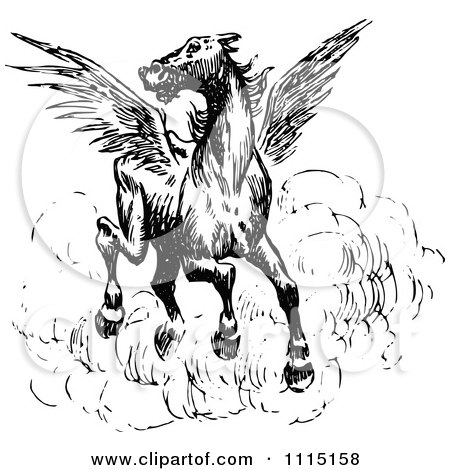 Clipart Vintage Black And White Spooked Winged Horse - Royalty Free Vector Illustration by Prawny Vintage
