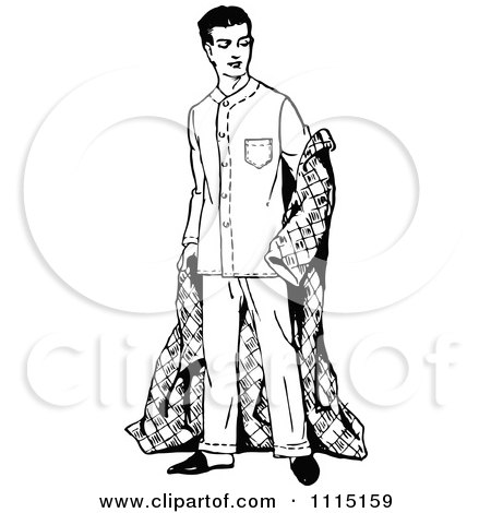 Clipart Vintage Black And White Man In A Robe And Pajamas - Royalty Free Vector Illustration by Prawny Vintage