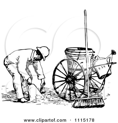 Clipart Vintage Black And White Road Sweeper Man - Royalty Free Vector Illustration by Prawny Vintage