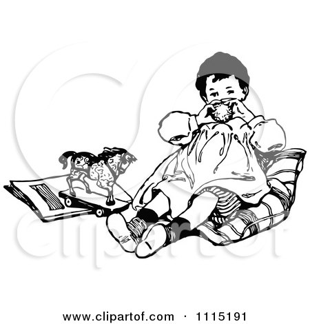 Clipart Vintage Black And White Boy Sitting With Toys - Royalty Free Vector Illustration by Prawny Vintage