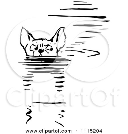 Clipart Vintage Black And White Cat Swimming - Royalty Free Vector Illustration by Prawny Vintage