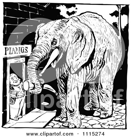 Clipart Vintage Black And White Elephant And Piano Man Exchanging A Horn - Royalty Free Vector Illustration by Prawny Vintage