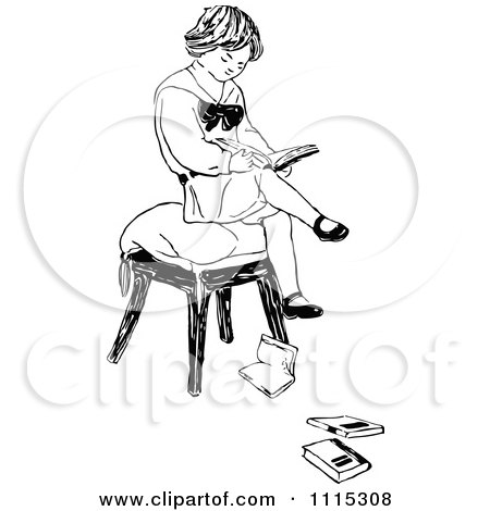 Clipart Vintage Black And White Boy Reading On A Stool - Royalty Free Vector Illustration by Prawny Vintage