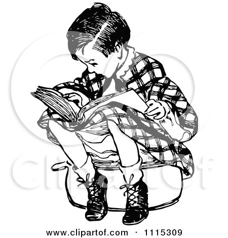 Clipart Vintage Black And White Boy Sitting And Reading - Royalty Free Vector Illustration by Prawny Vintage
