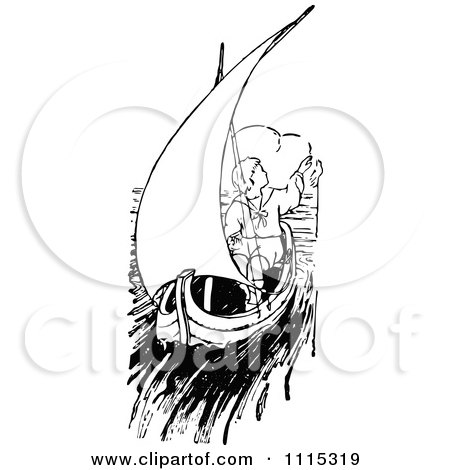 Clipart Vintage Black And White Boy Sailing - Royalty Free Vector Illustration by Prawny Vintage