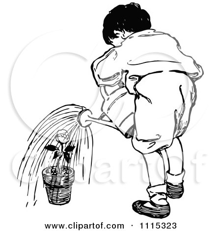 Clipart Vintage Black And White Boy Watering A Potted Plant - Royalty Free Vector Illustration by Prawny Vintage