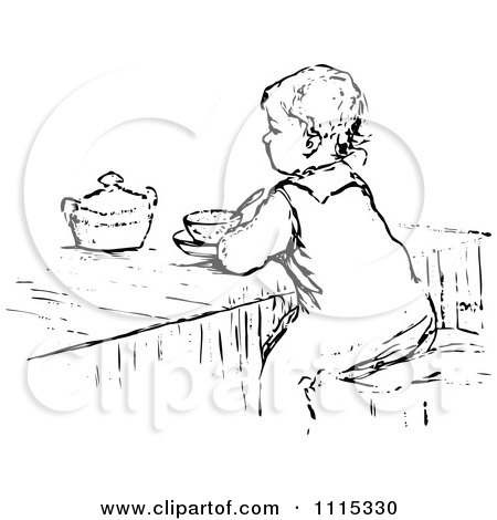 Clipart Vintage Black And White Boy Eating At A Table - Royalty Free Vector Illustration by Prawny Vintage